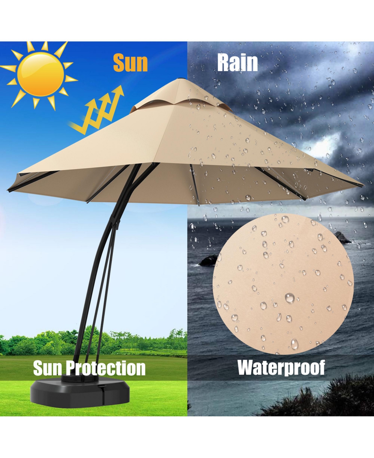 Gymax Patio Cantilever Hand Push Offset Hanging Umbrella w/ Wheels Base Turquoise -khaki