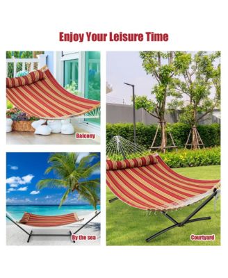 Hammock w/ Pillow Curved Bamboo Spreader Bar Chain Portable Indoor Outdoor