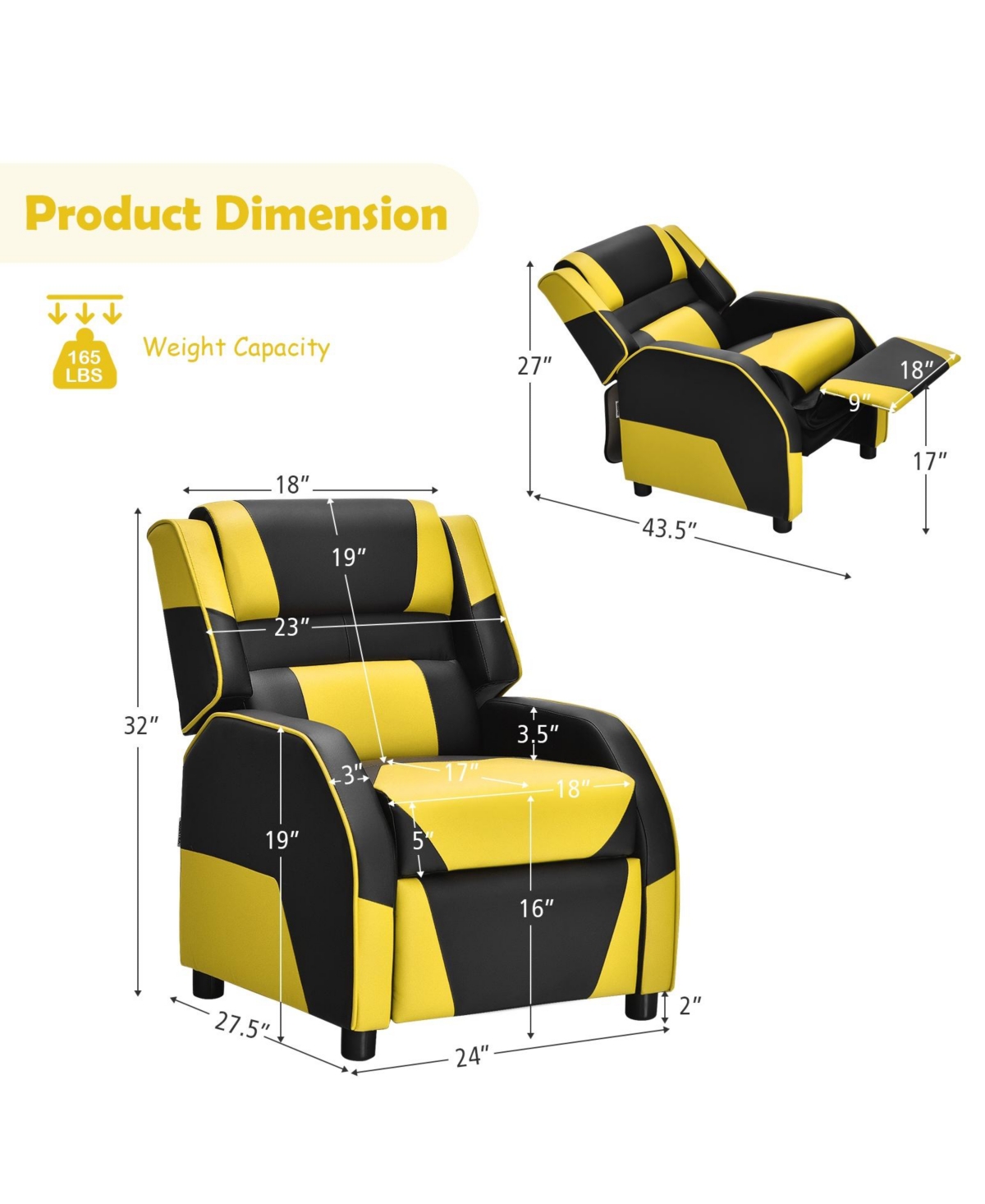 Slickblue Kids Youth Pu Leather Gaming Sofa Recliner with Headrest and Footrest