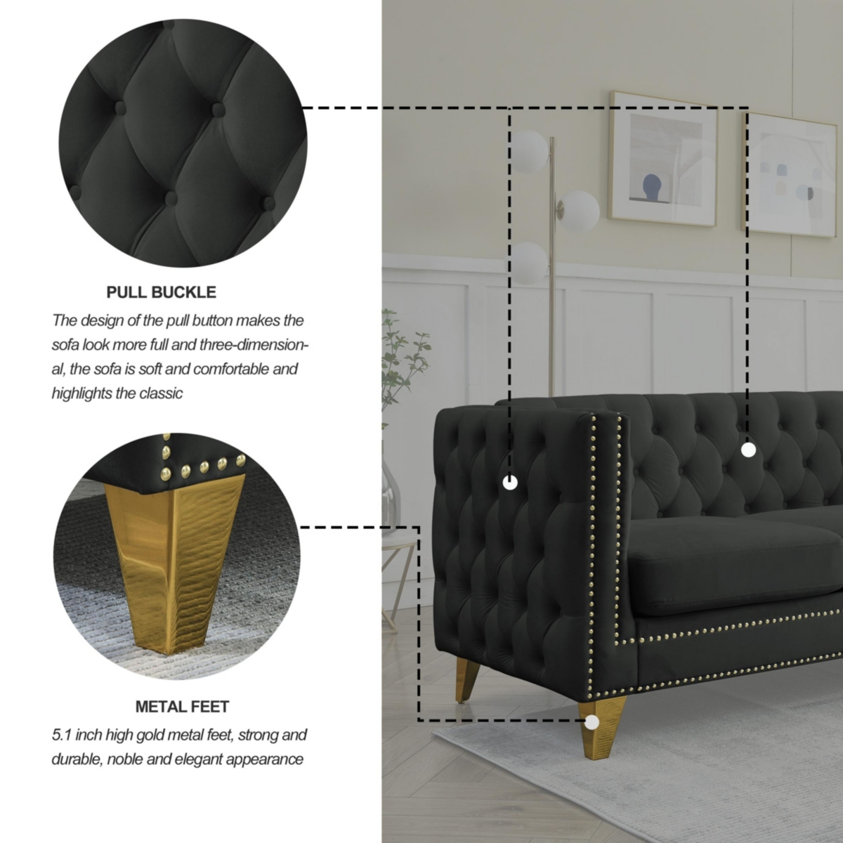 Simplie Fun Modern Black Velvet Sofa with Tufted Square Arm