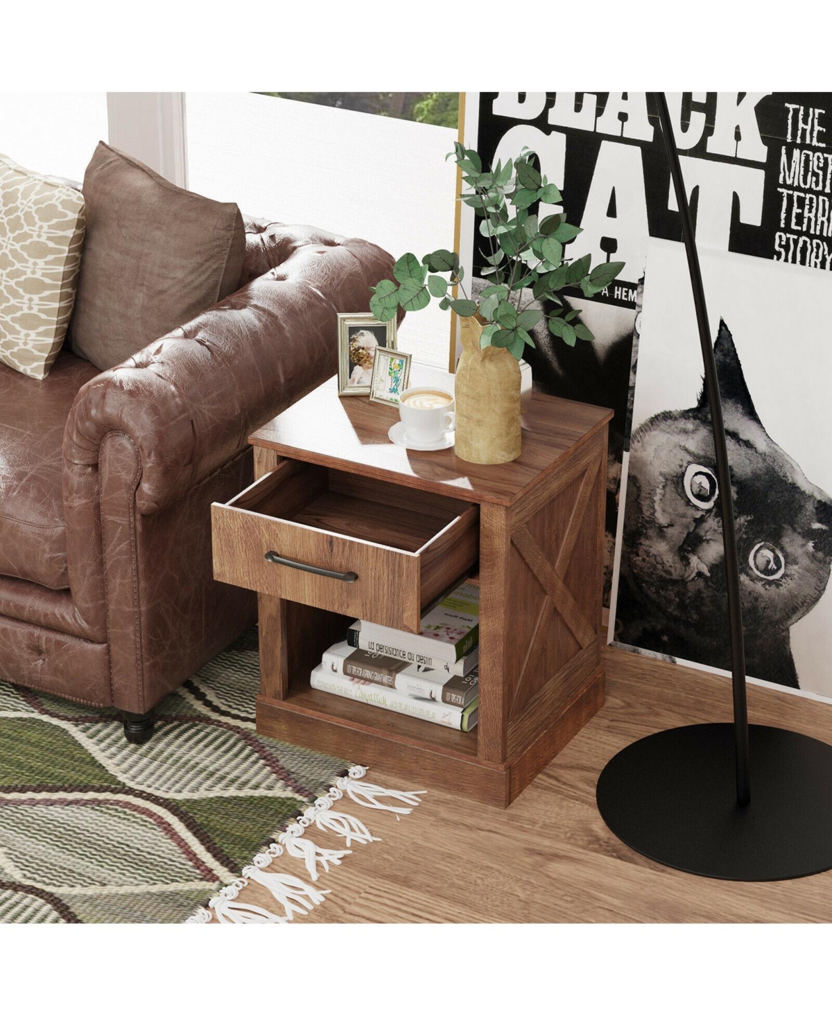 Sugift Compact Nightstand with Drawer and Open Compartment- Brown