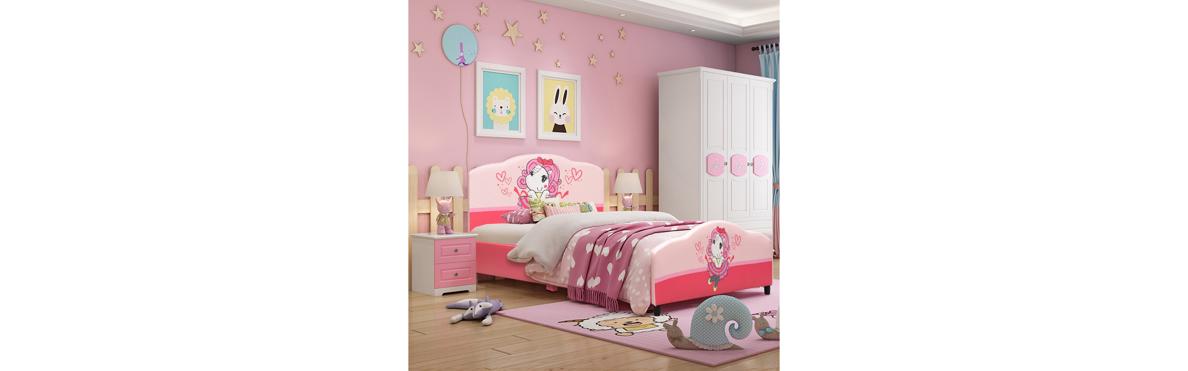 Costway Kids Children Upholstered Platform Toddler Bed Bedroom Furniture Girl Pattern