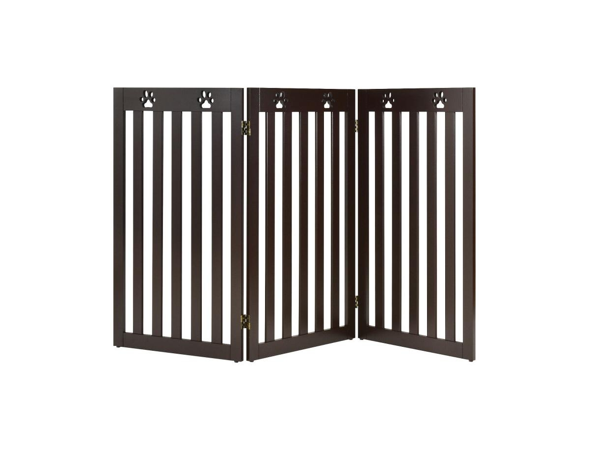 36 Inch Folding Wooden Freestanding Pet Gate Dog Gate with 360&#xB0; Flexible Hinge - Dark brown