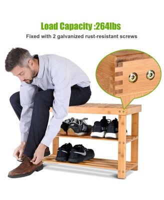 2-Tier Bamboo Shoe Bench Storage Racks Seat Organizer Entryway Hallway