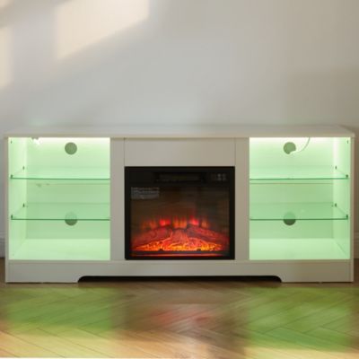Modern Electric Fireplace TV Stand with Glass Shelves