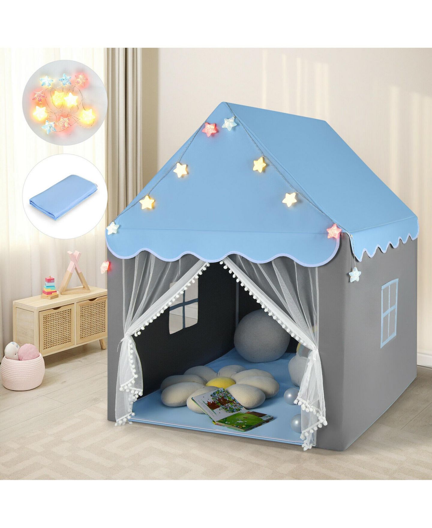 Детские игрушки Costway Castle Fairy Tent Star Lights 4-Piece Playhouse, Ages 3+, цвет: Синий — фото 3