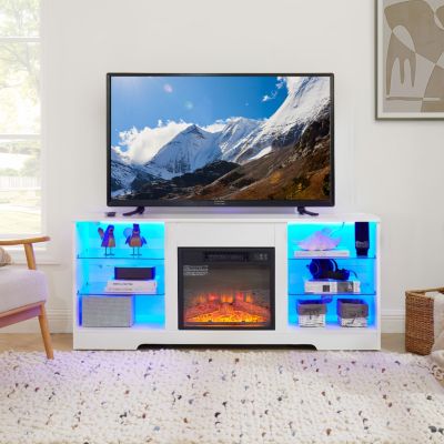 Modern Electric Fireplace TV Stand with Glass Shelves