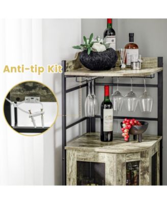 Industrial Corner Bar Cabinet with Glass Holder and Adjustable Shelf