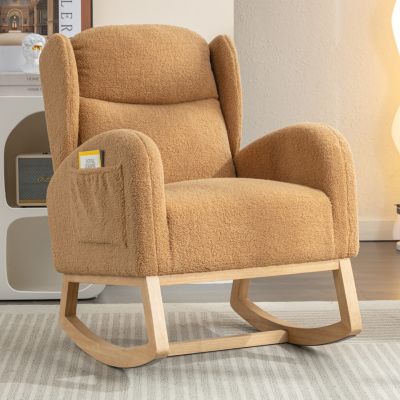 Streamdale Teddy Fabric Rocking Chair With Packet Wood Legs, Khaki
