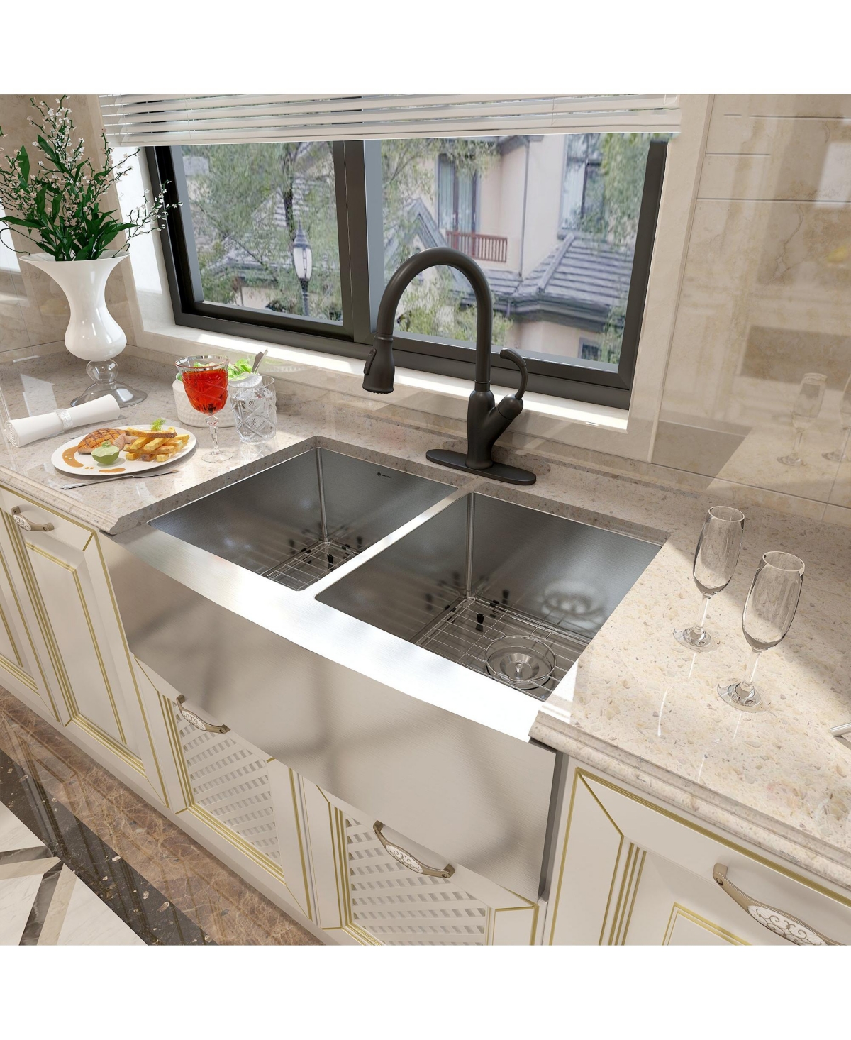 Mondawe Farmhouse Apron Front 33-in x 22-Stainless Steel Double Bowl Kitchen Sink with Accessories - brushed