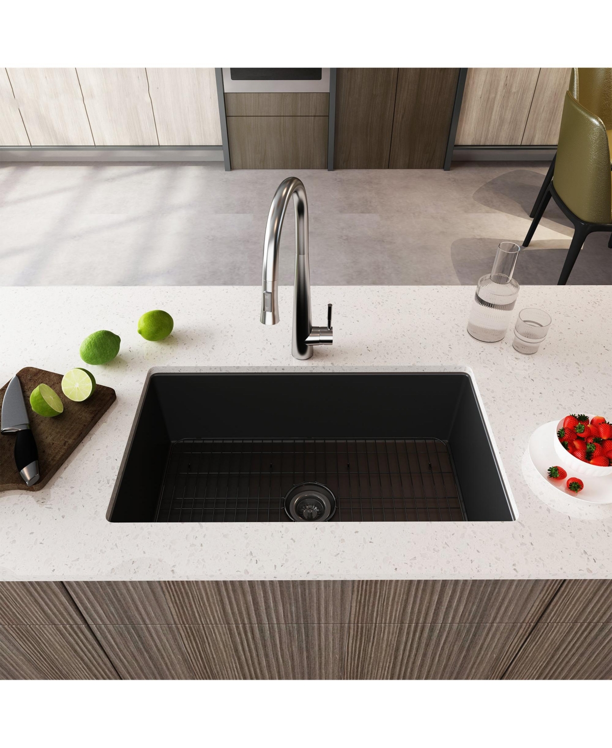 Mondawe Undermount in. Single Bowl Fireclay Kitchen Sink Comes With Stainless Steel Bottom Grid and Strainer