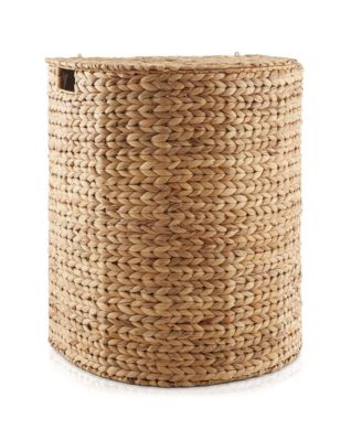Half Moon Laundry Hamper with Lid and Removable Liner Bag - Espresso Dark Brown, Woven Water Hyacinth Laundry Basket Sorter for Clothes