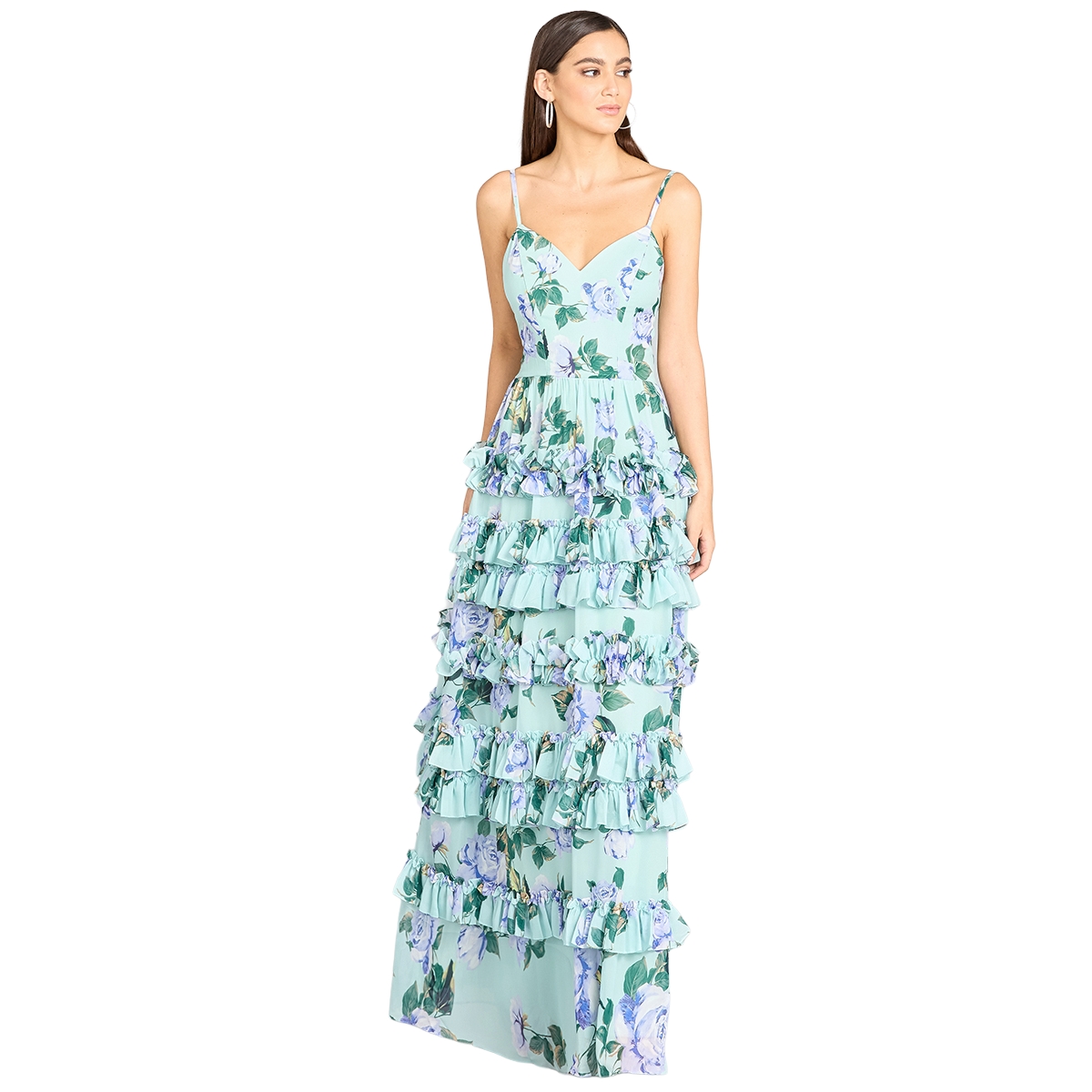 Women's Ruffle Skirt Printed Gown with Spaghetti Straps - Mint