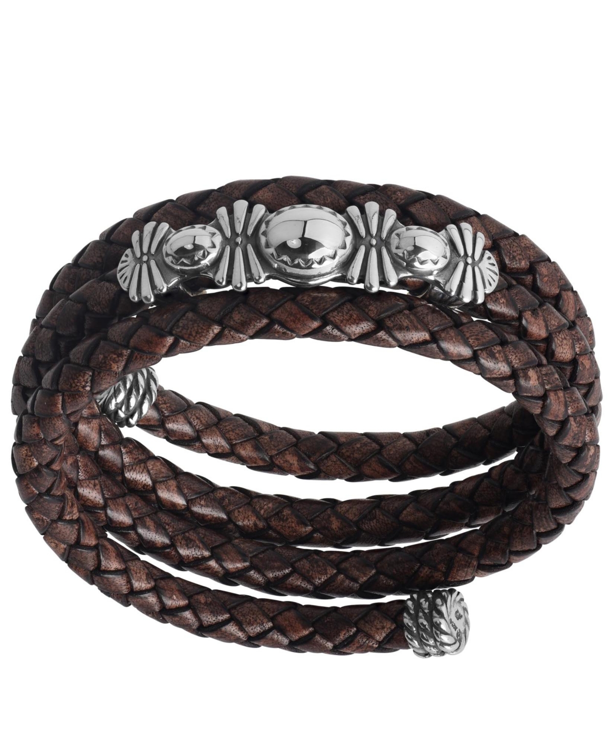 Sterling Silver Wrap Bracelet For Men & Women Silver Beaded Choice of Leather Color One Size Fits Most - Brown