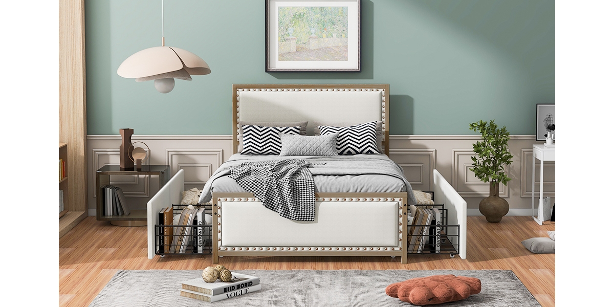 Streamdale Furniture Size Upholstered Platform Bed With Nailhead Decoration And 4 Drawers