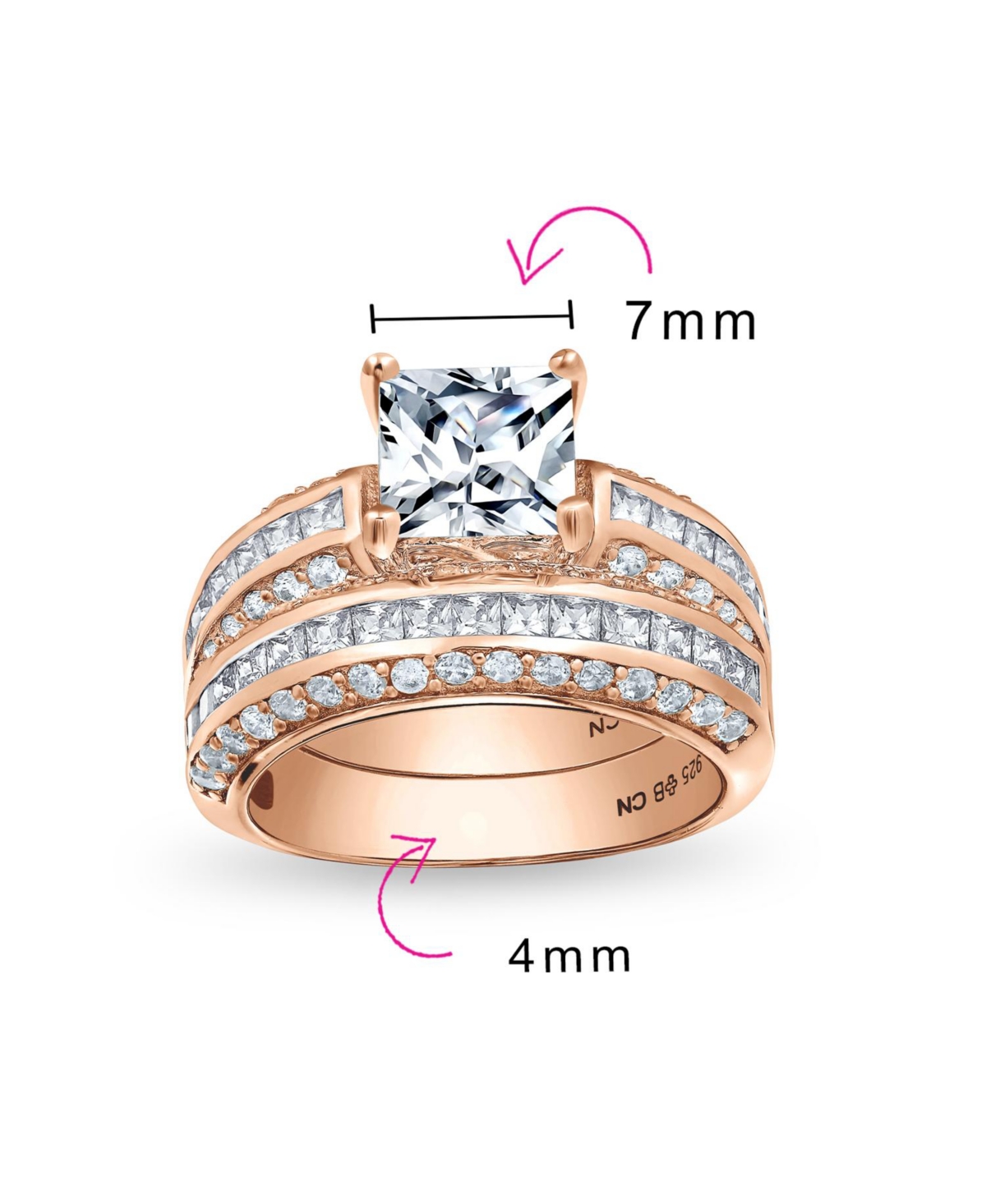Bling Jewelry 3CT Art Deco Style Square Princess Cut Solitaire Clear Cz Promise Ring Set For Women Sterling Silver