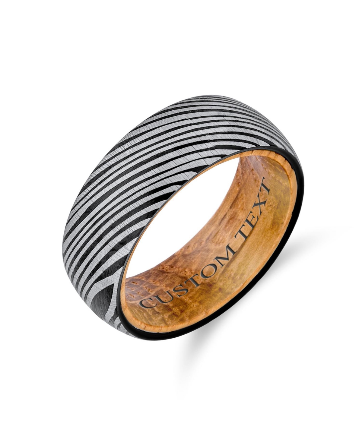 Bling Jewelry Laser Etched Wood Grain Matte Finish Black Band with Oliver Wood Sleeve Liner Titanium Band Rings For Men Comfort Fit 8MM