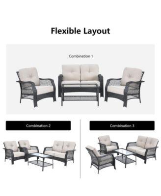 4 Pieces Patio Wicker Furniture Conversation Sets with Coffee Table and Cushions