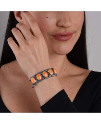 Sterling Silver Women's Cuff Bracelet Orange Spiny Gemstone 5-Stone Design Size Small - Large