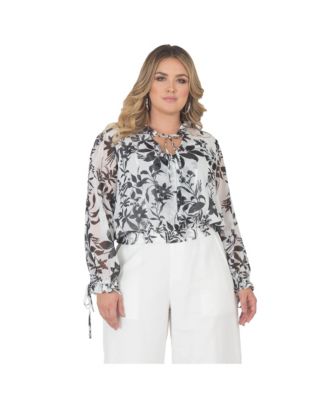 Plus Size Long Bishop Tie Sleeve Chiffon Blouse