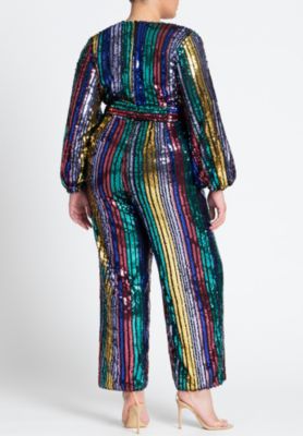 Women's Plus Size Multicolor Stripe Sequin Jumpsuit
