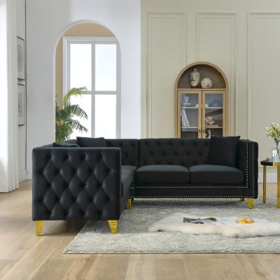  82.2" Velvet L-Shaped Corner Sofa, 5-Seater, 3 Cushions