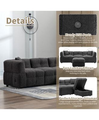 87.7" Sectional Sofa Cozy Teddy Fleece Fabric Sectional Sofa Couch With Two USB Ports