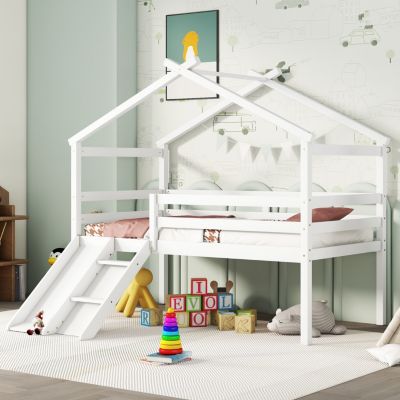 Twin House Bed with Slide, Ladder, and Safety Rails