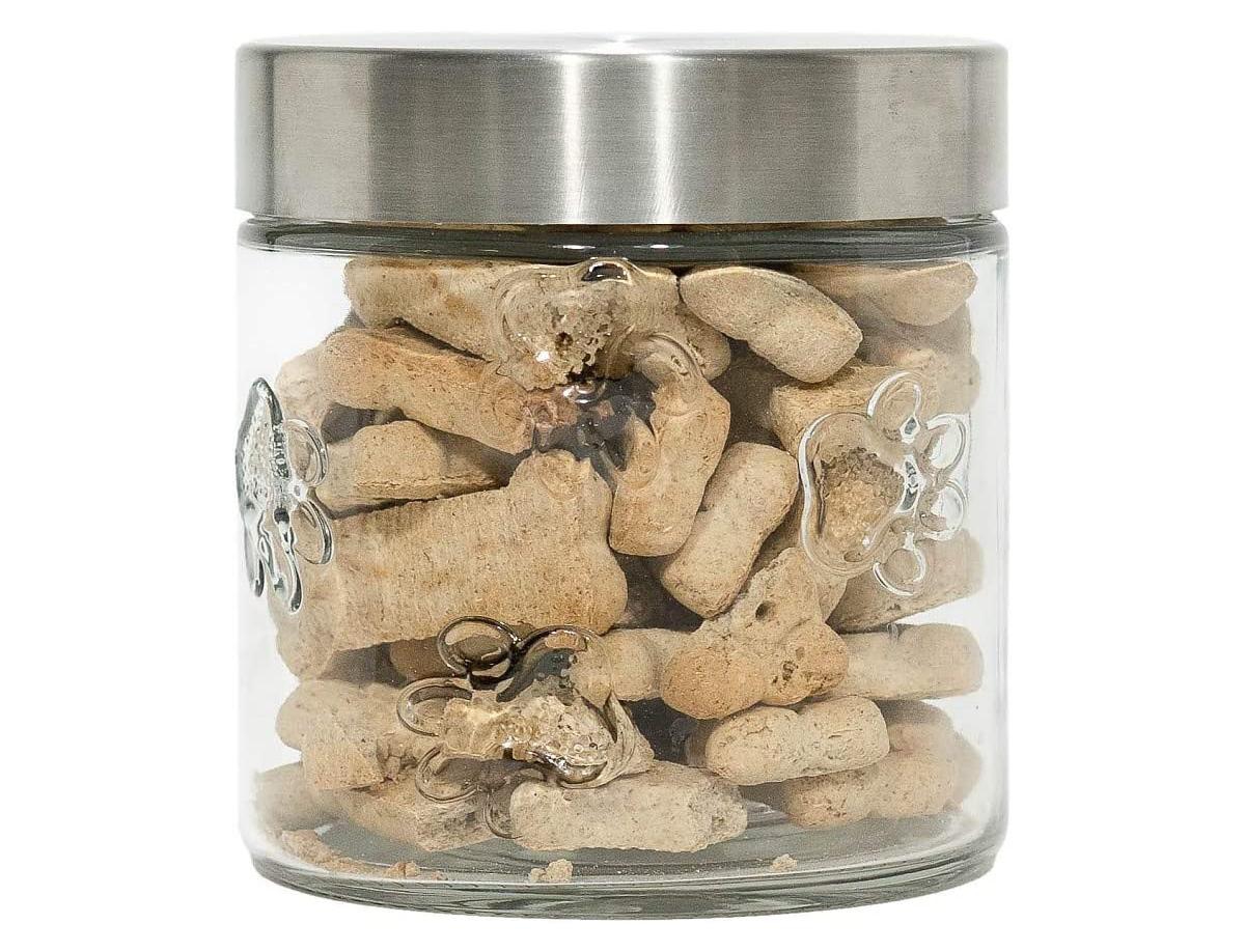 Amici Pet Maxwell Paw Small Glass Storage Canister, 28 oz., Silver Lid - silver lid