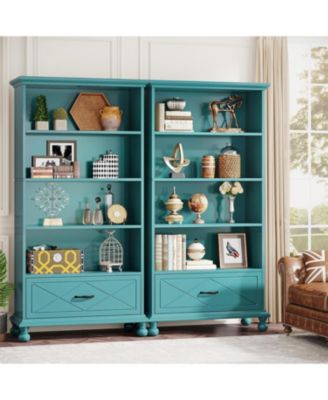 6-Shelf Bookcase Set of 2, 71 Inch Tall Floor Standing Bookshelf with Drawer and Solid Wood Legs, 6-Tier Large Open Display Storage Book Shelf for Home Office, Ocean Blue