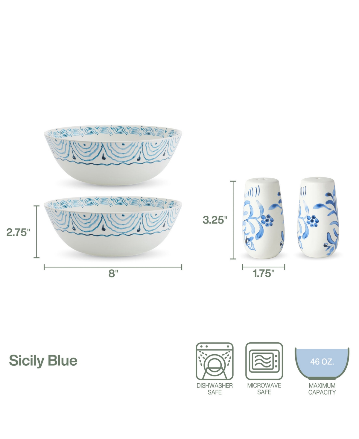 Fitz And Floyd Sicily Serve Bowls Plus Salt And Pepper Set In Green