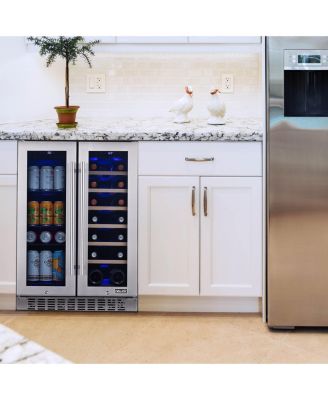 24 Inch Premium Built-in Dual Zone 20 Bottle and 60 Can French Door Wine and Beverage Fridge in Stainless Steel with SplitShelf