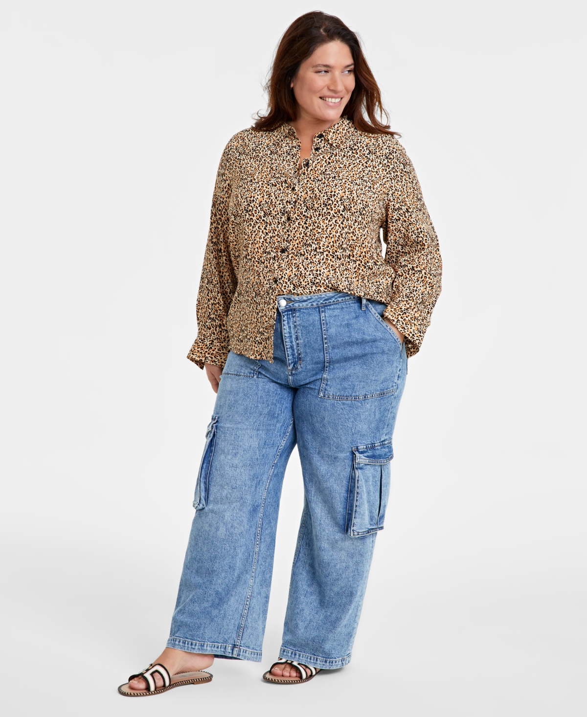 On 34th Trendy Plus Size Leopard Printed Collared Shirt, Created for Macy's