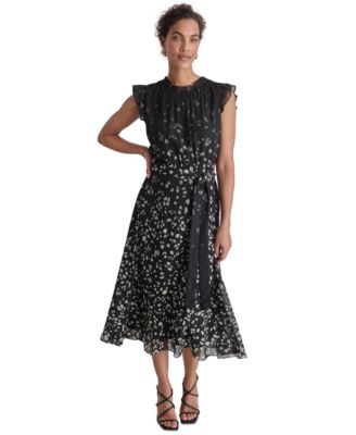 DKNY Women s Printed Ruffled Belted Midi Dress Macy s