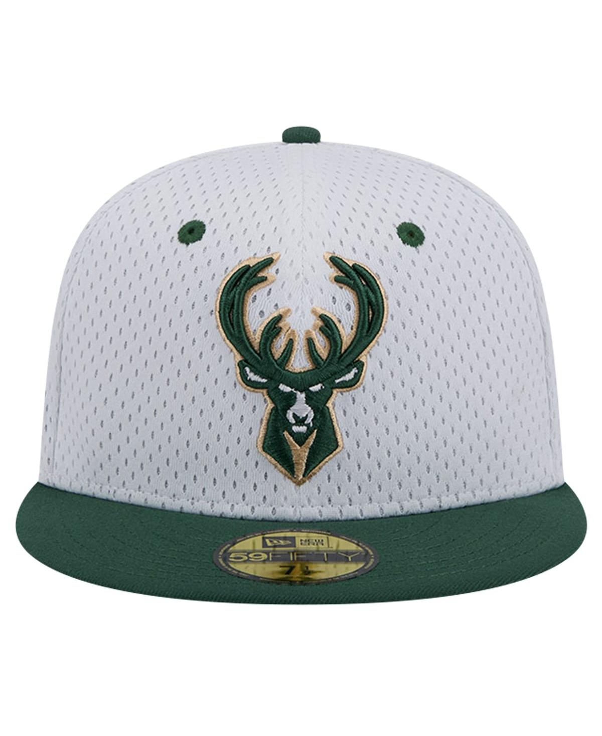 NEW ERA MEN'S WHITE/HUNTER GREEN MILWAUKEE BUCKS THROWBACK 2TONE 59FIFTY FITTED HAT 