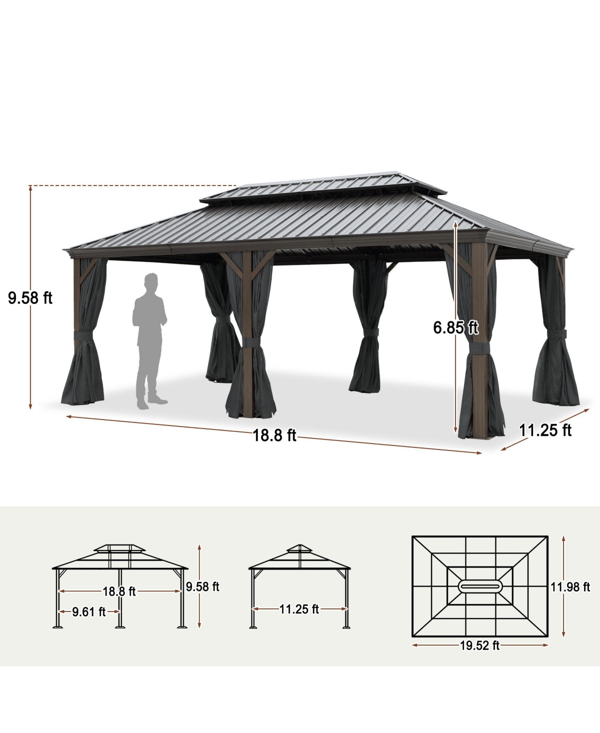 Mondawe 12 ft. x 20 ft. Outdoor Share Aluminium Alloy Gazebo with Netting and Brown Curtains for Backyard