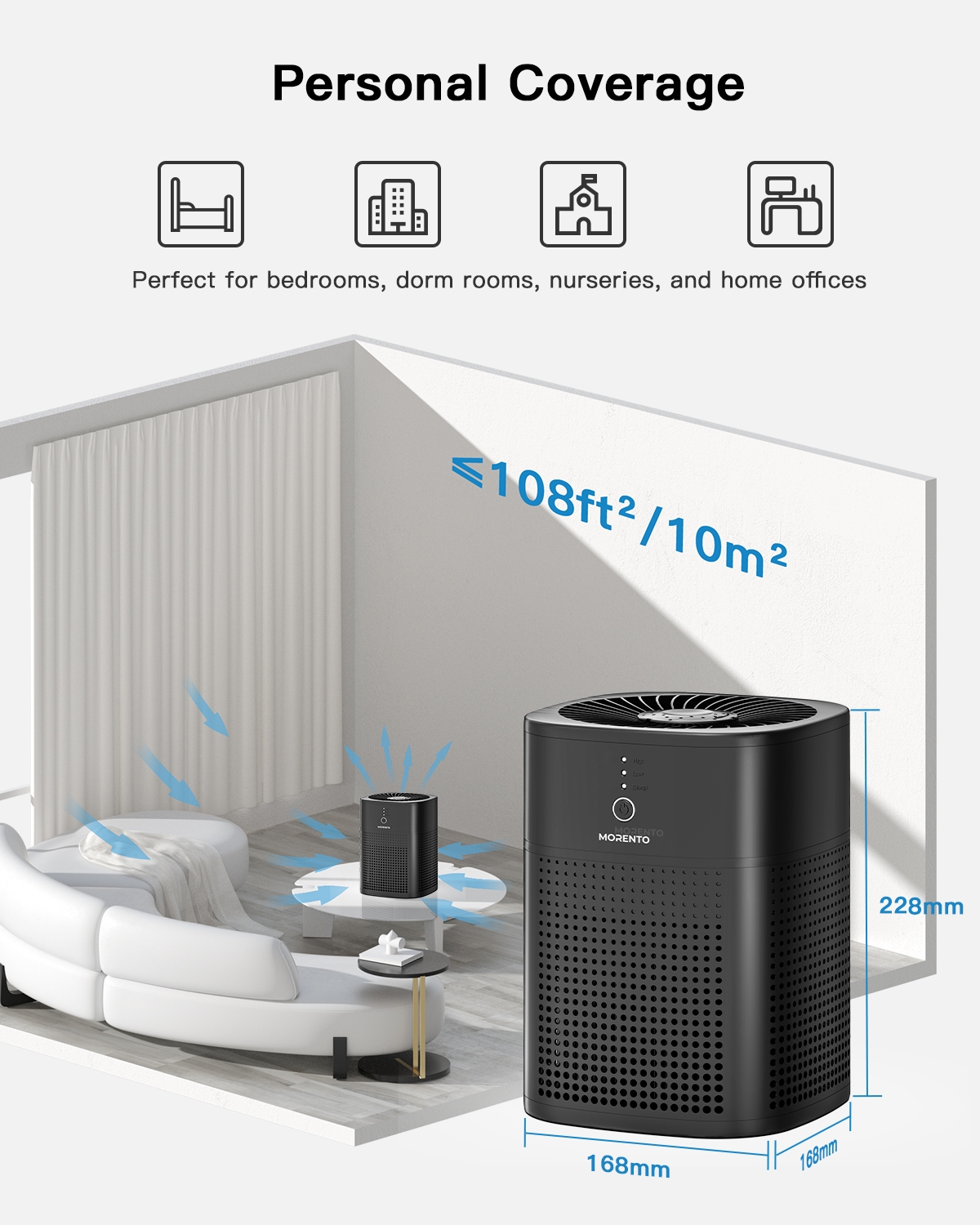 Morento Air Purifiers for Bedroom, Room Air Purifier Hepa Filter for Smoke, Allergies, Pet Dander, Small Air Purifier with Sleep Mode, HY1800an