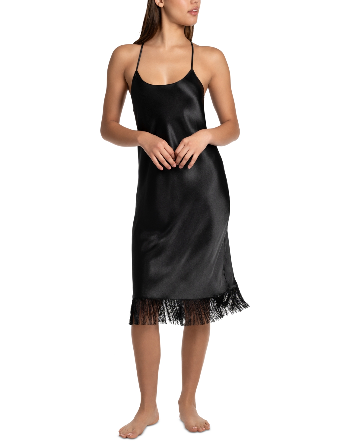 Women's Satin Fringe-Trim Nightgown - Black