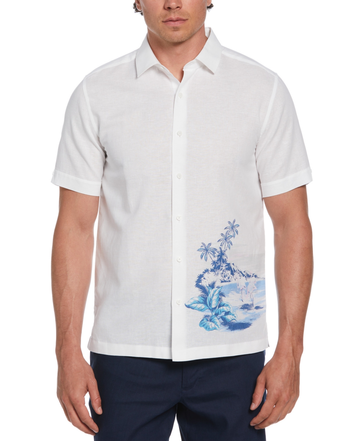 Men's Relaxed-Fit Short Sleeve Button-Front Flamingo Print Shirt - Brilliant White