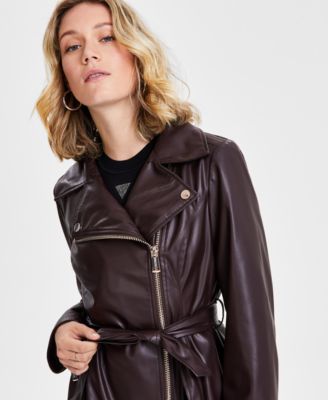 GUESS Women's Faux-Fur-Trim Faux-Leather Asymmetric Belted
