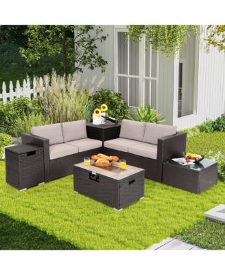 6PCS Patio Rattan Furniture Set 32'' Fire Pit Table Tank Holder with Cover