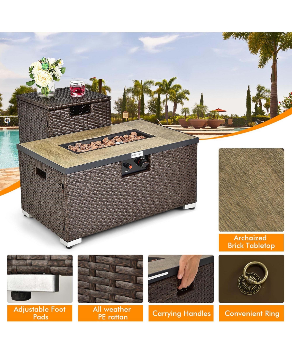 Costway 6PCS Patio Rattan Furniture Set 32'' Fire Pit Table Tank Holder with Cover