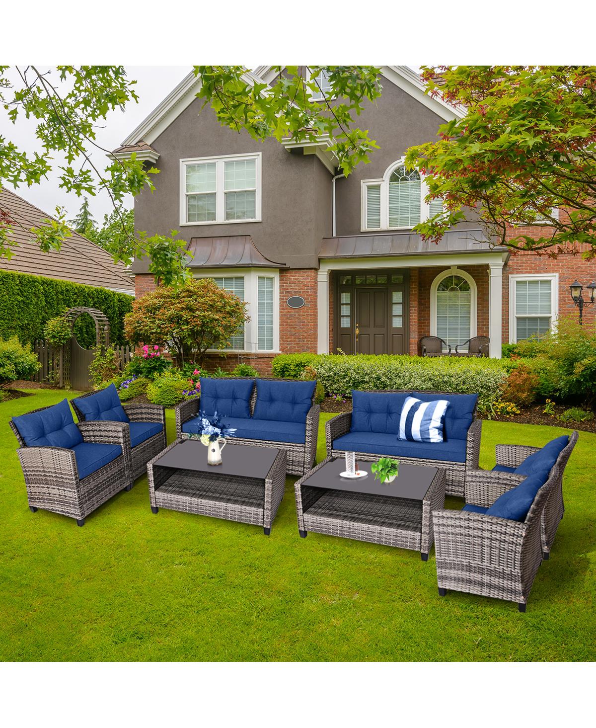 Costway 8 Pcs Patio Rattan Furniture Set Coffee Table Cushioned Sofa Garden Lawn- Navy