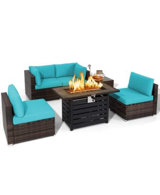 6PCS Patio Rattan Furniture Set 42'' Fire Pit Table Cover Sofa Cushion