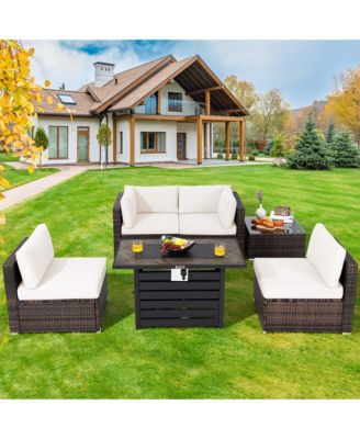 6PCS Patio Rattan Furniture Set 42'' Fire Pit Table Cover Sofa Cushion