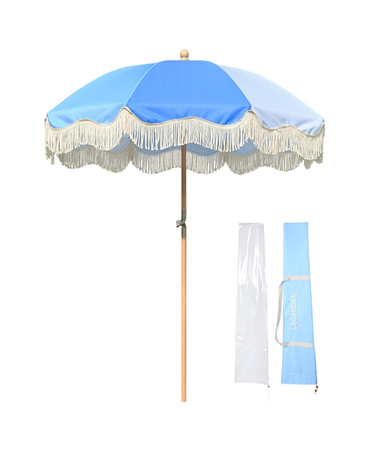 6Ft Fringe Patio Umbrella with Tassels & Carry Bag 50 / 60s Vintage Style Umbrella Wood Blue,Model: PS6-03 - Blue