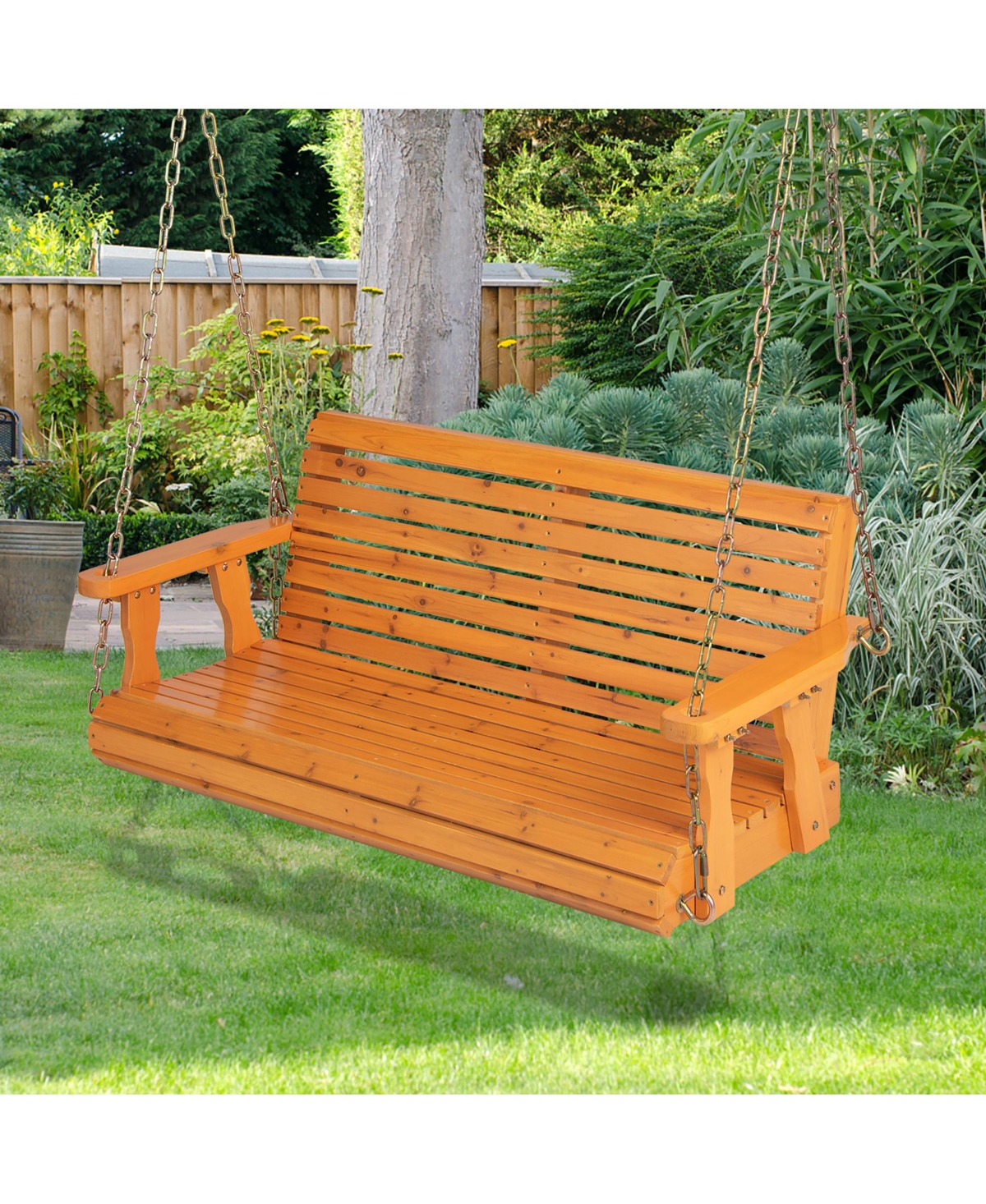 Costway Porch Swing Wood Outdoor Patio Hanging Bench Chair for Garden Backyard orange