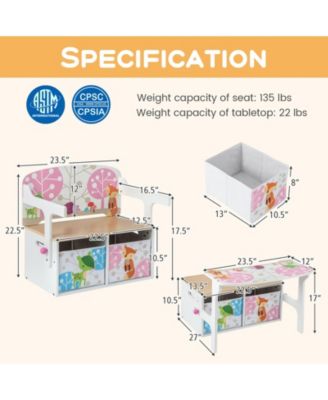 3 in 1 Kids Convertible Activity Bench with 2 Removable Fabric Bins