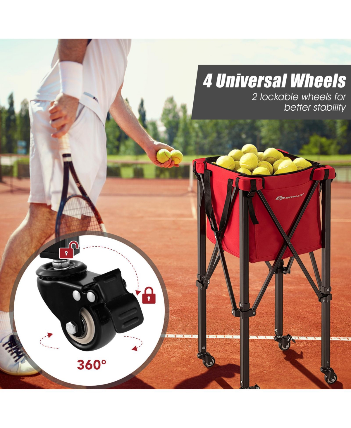 Slickblue Lightweight Foldable Tennis Ball Teaching Cart with Wheels and Removable Bag