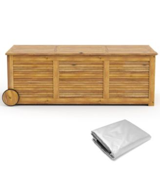 Rolling Patio Wooden Deck Box with 2 Wheelsand Side Handle for Outdoor